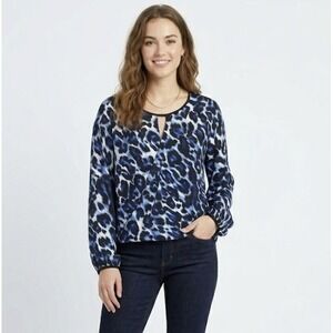 New Cache Small Black Blue Leopard Print Relaxed Flowy Long Sleeve Blouse